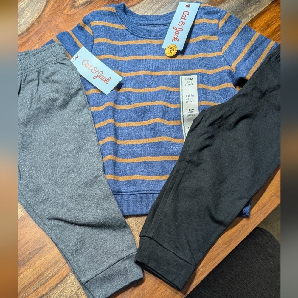Cat & Jack Kids Blue Striped Top with Gray and 2 Pants